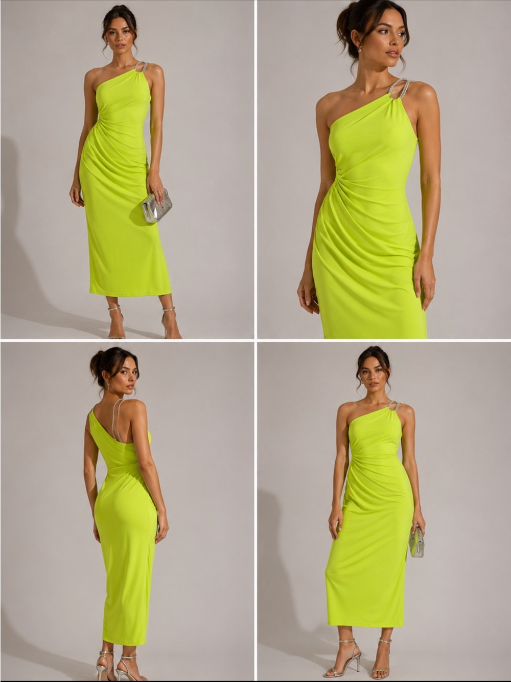 Herve Leger Neon Lime One-Shoulder Ruched Dress with Beaded Strap